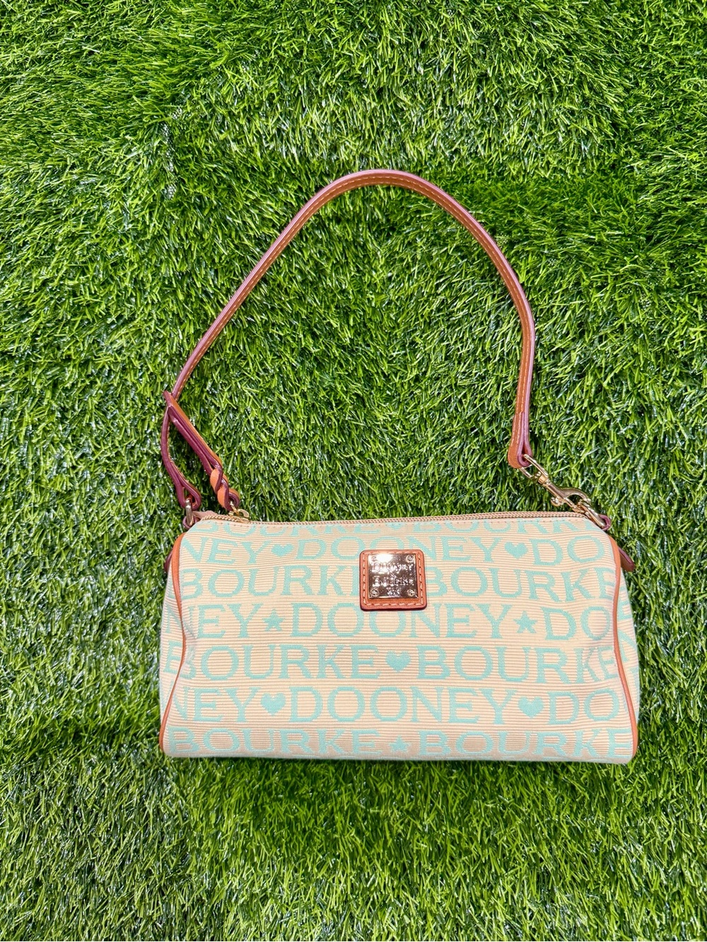VTG Dooney & Bourke Hearts & Stars Signature Barrel Wristlet Teal Canvas Y2K